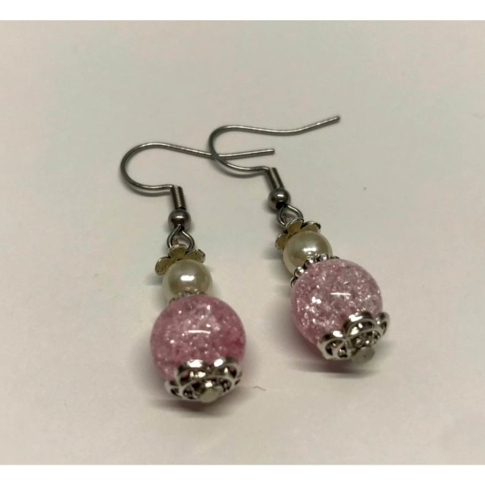 Pink Glass Crackle Beads Imitation Pearl Earrings